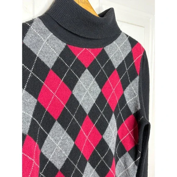 Apt 9 100% Cashmere Argyle Turtleneck Sweater Women's Size M Black Red Gray - Picture 3 of 6